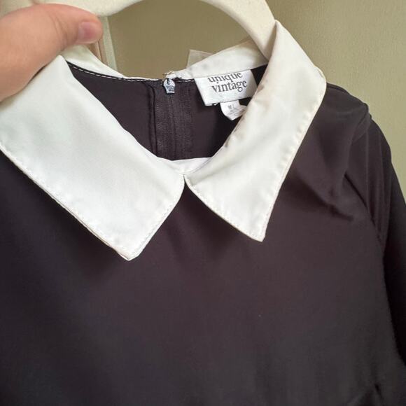 Unique Vintage Wednesday Adams Black Dress White Cuffs Peggy Peter Pan Collar M - Picture 6 of 8
